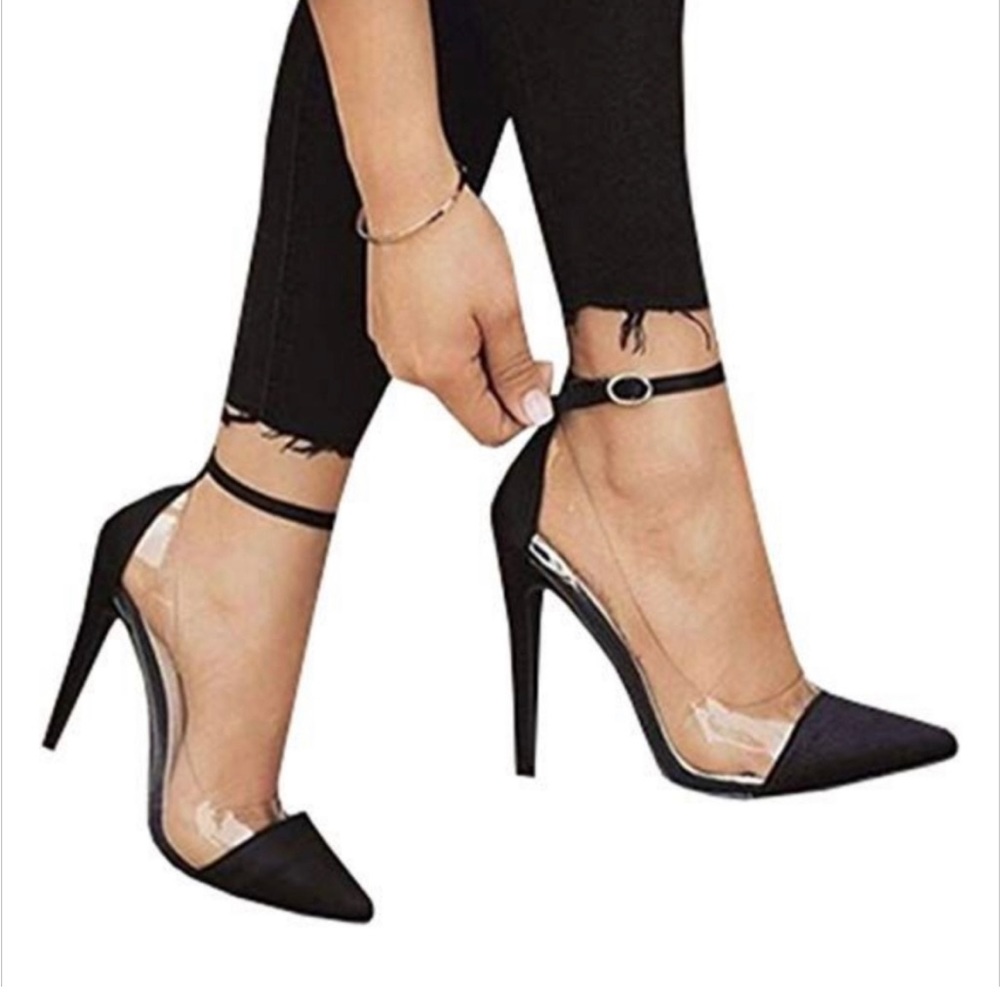 Machi Perspex Vinyl Lucite Black Cap Toe Ankle Strap Heels 8.5